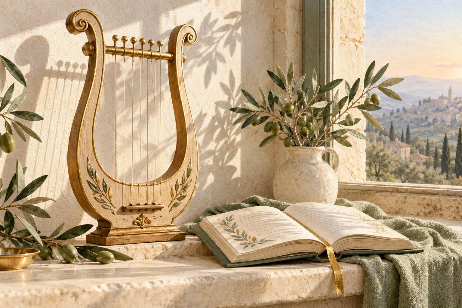 A gold and wood lyre beside an open prayer book and olive branches in morning light.