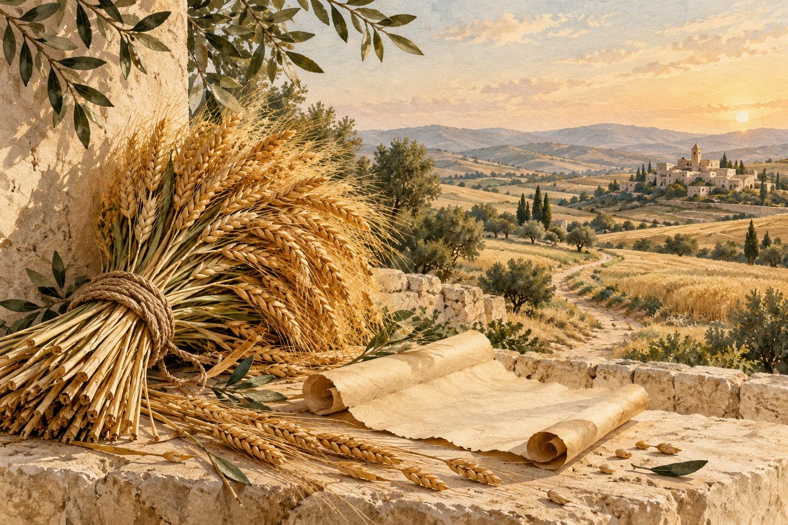A parchment scroll and golden barley overlooking harvest fields and a path toward distant stone buildings.
