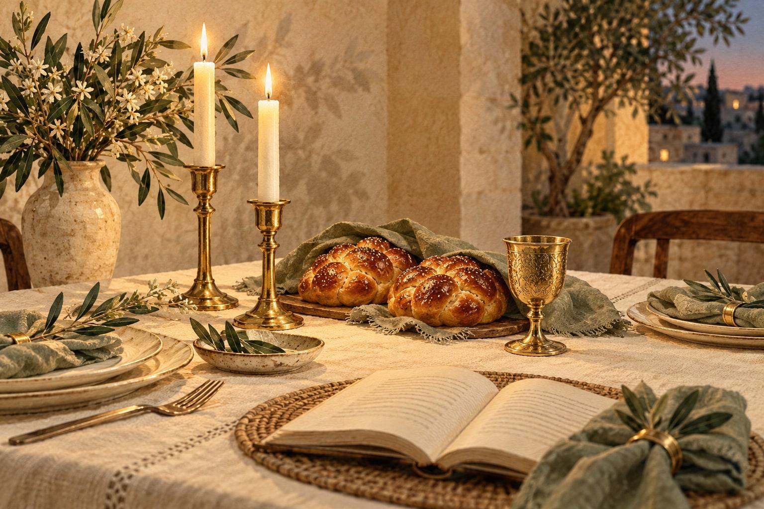 An open book at a Shabbat table with two lit candles, braided challah, and a gold kiddush cup.