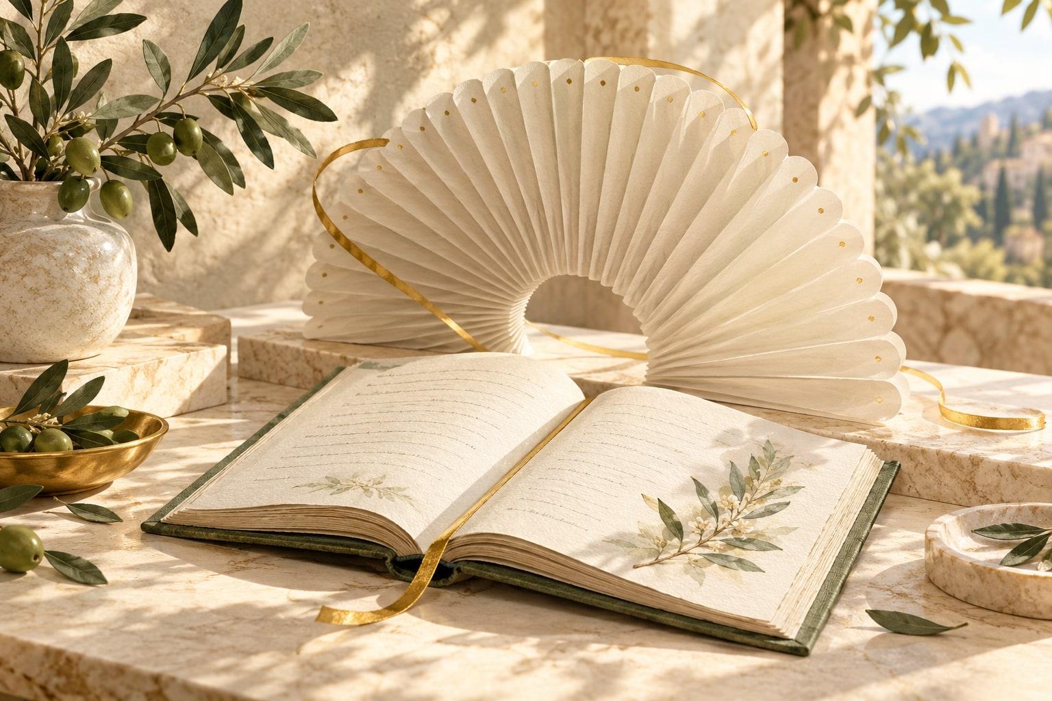 An open sage-bound book beneath a circular fan of ivory paper leaves and a gold ribbon.