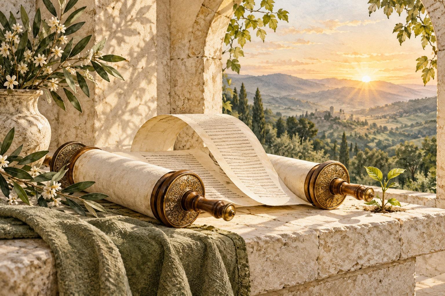 A curling parchment scroll and a new green seedling overlooking hills at sunrise.