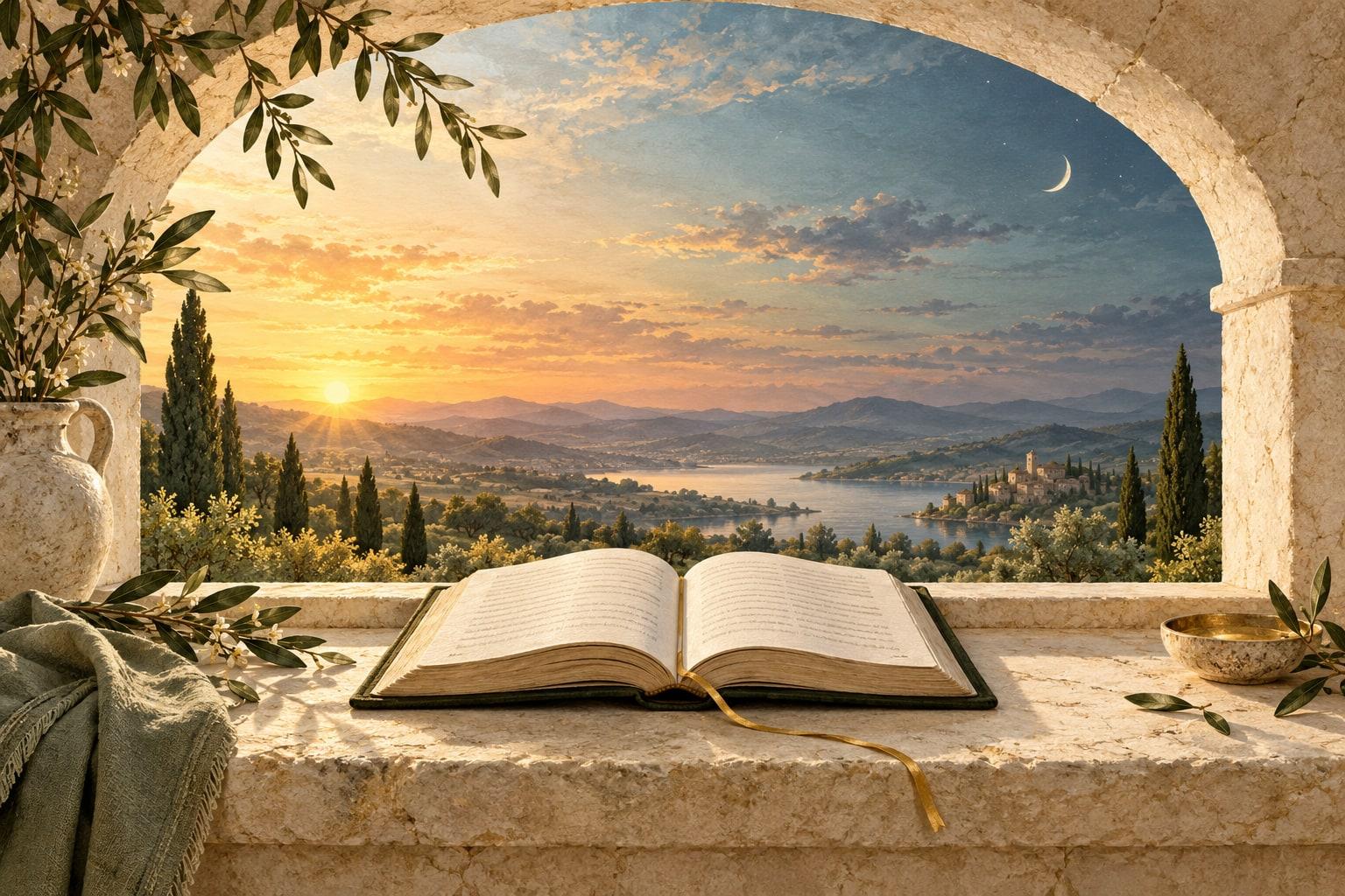 An open prayer book beneath an arch framing a sky that transitions from dawn to moonlit evening.